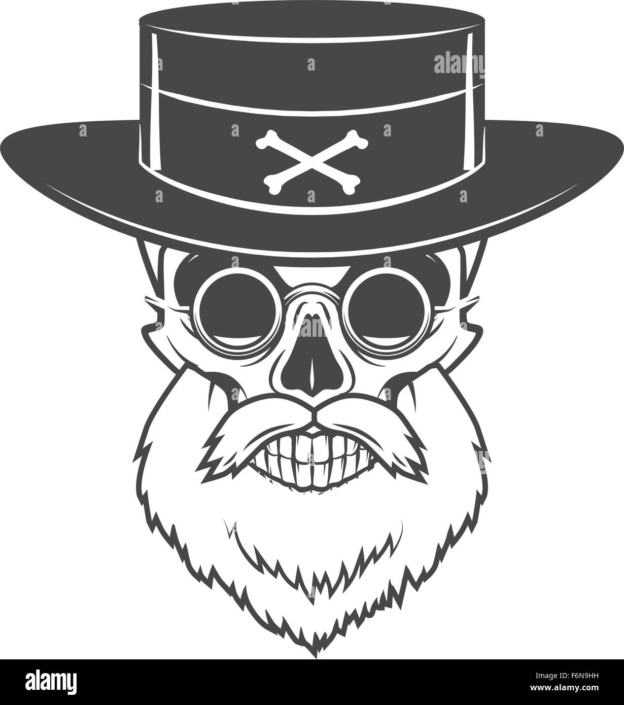 Chasseur de têtes crâne avec barbe, chapeau et lunettes vecteur. Logo Rover modèle. Vieil homme barbu t-shirt design. Illustration de Vecteur