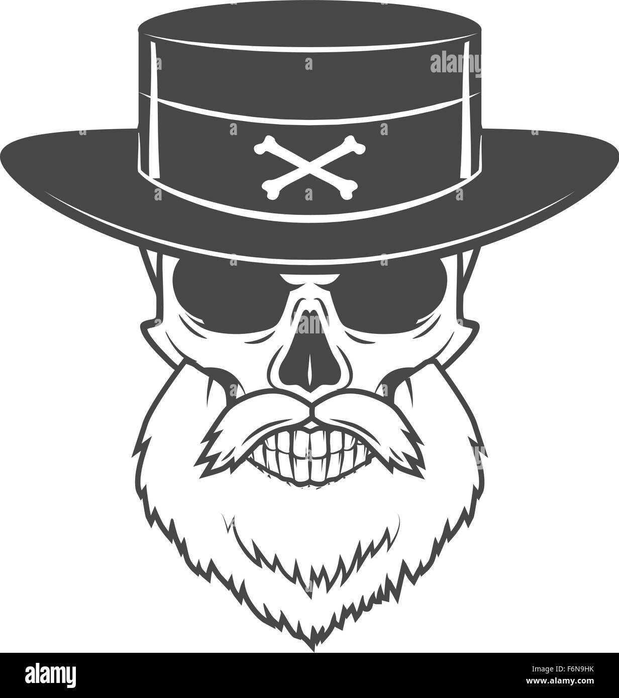 Chasseur de têtes crâne avec barbe et chapeau vecteur. Logo Rover modèle. Vieil homme barbu t-shirt design. Illustration de Vecteur