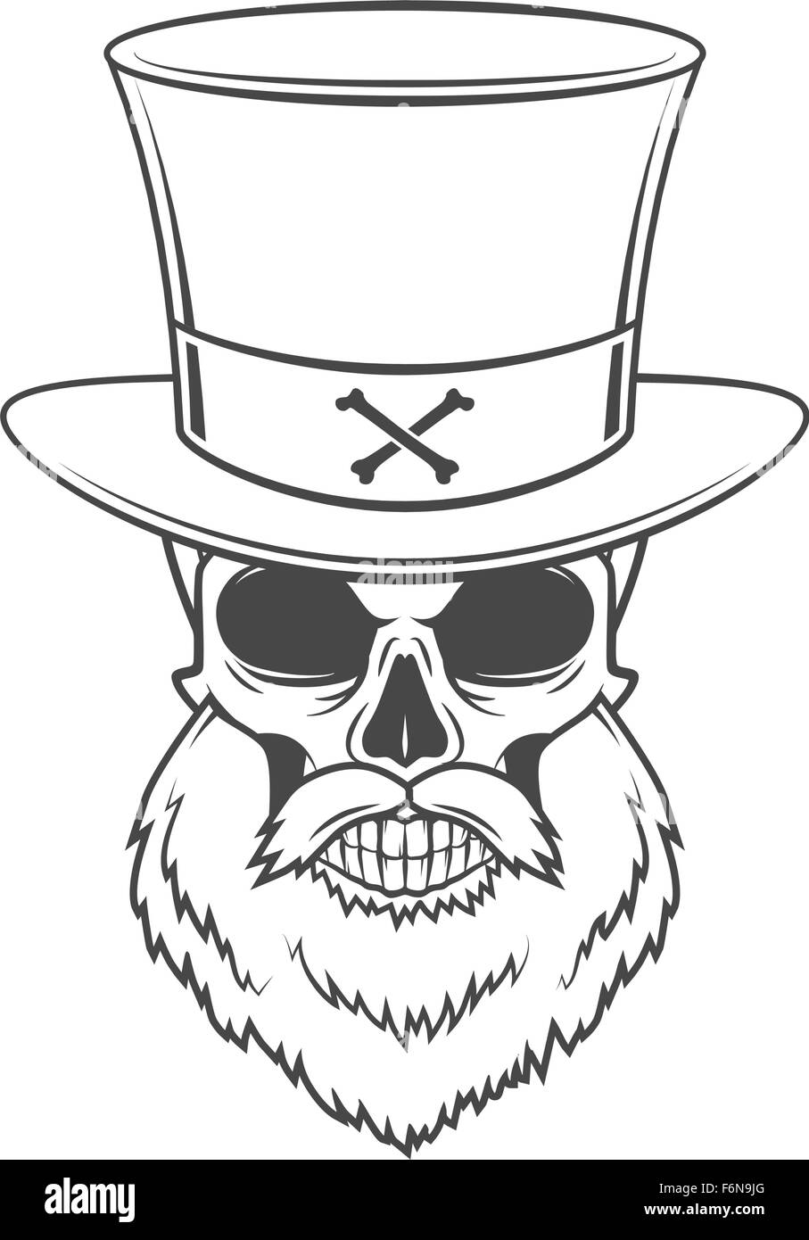 Chasseur de Tête Steampunk crâne avec barbe et chapeau haut de vecteur. Vieil homme logo rover modèle. Squelette barbu t-shirt design. Illustration de Vecteur