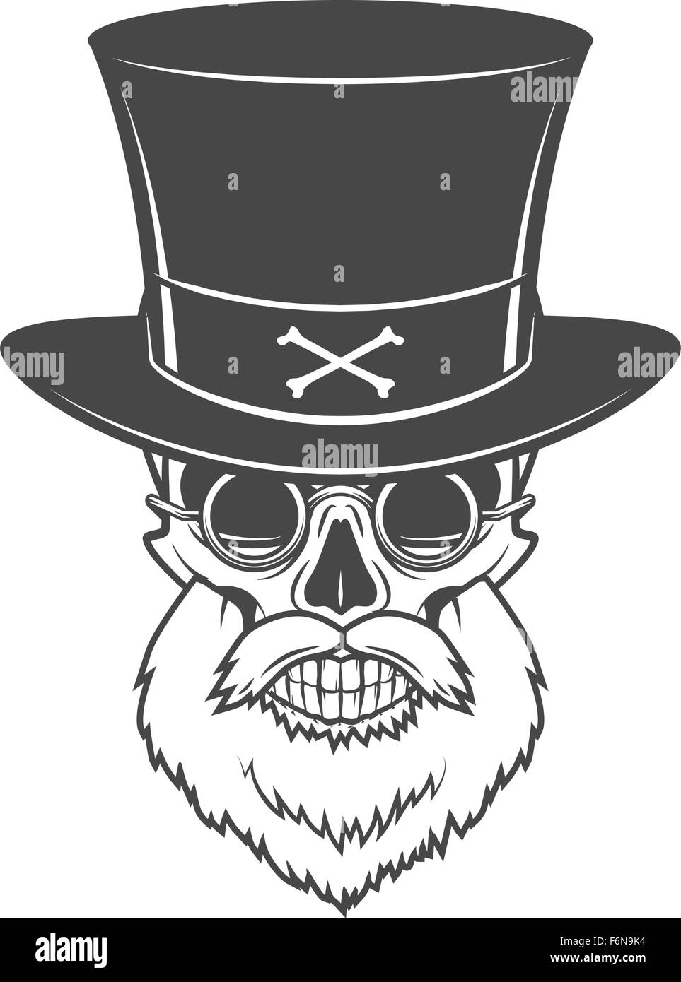 Chasseur de têtes crâne avec barbe, chapeau et lunettes vecteur. Logo Rover victorien modèle. Vieil homme barbu t-shirt design. Illustration de Vecteur