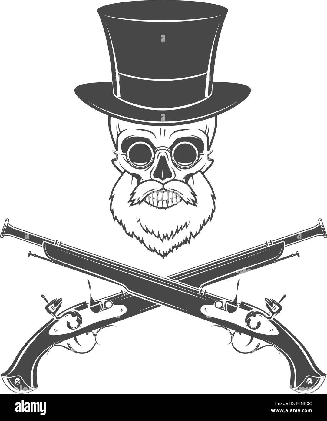 Gentilhomme de fortune squelette avec barbe, lunettes, chapeau haut de forme et de silex les armes à feu. Rover modèle victorien logo Illustration de Vecteur
