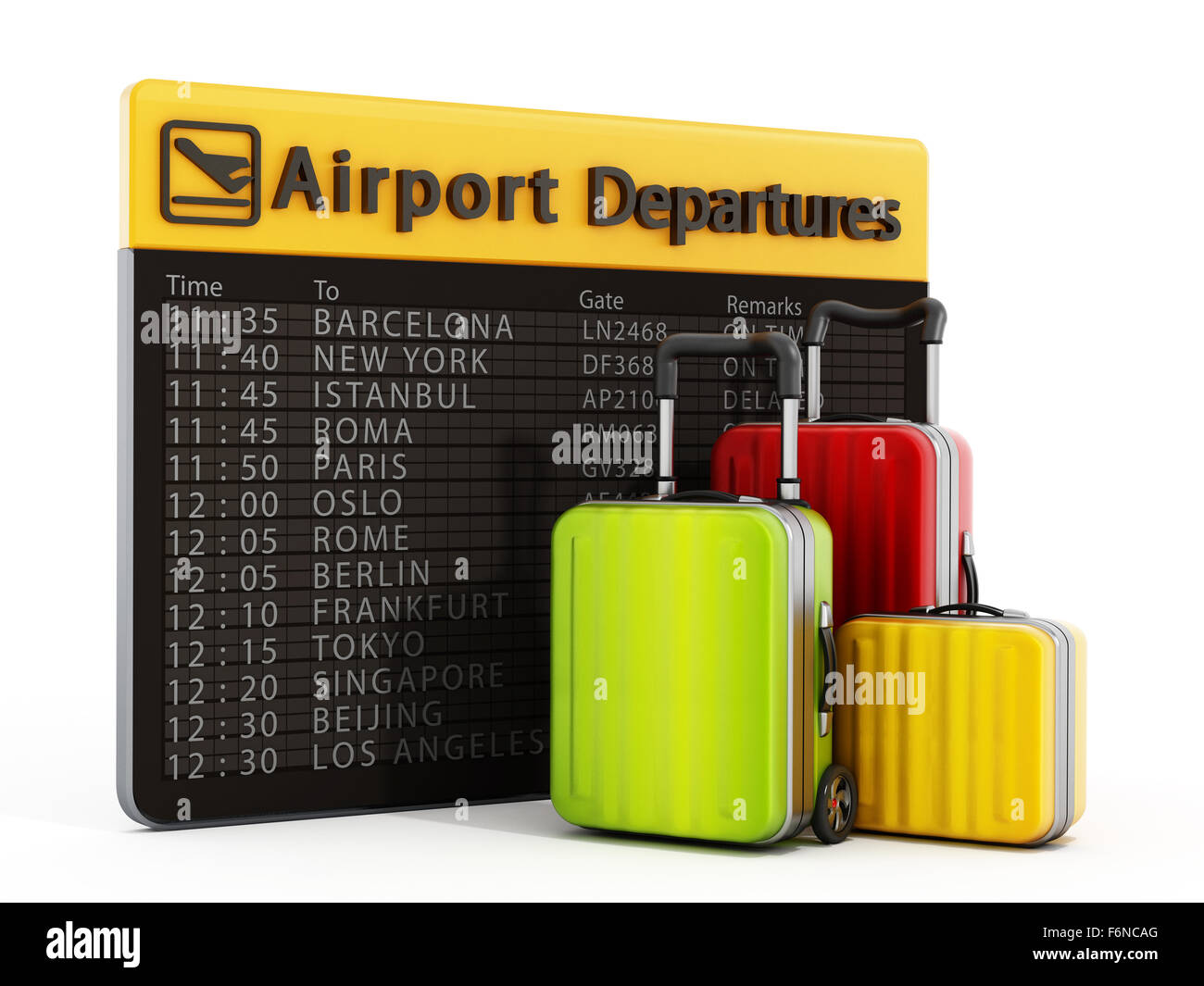 Départ de l'aéroport et valises isolé sur fond blanc Banque D'Images