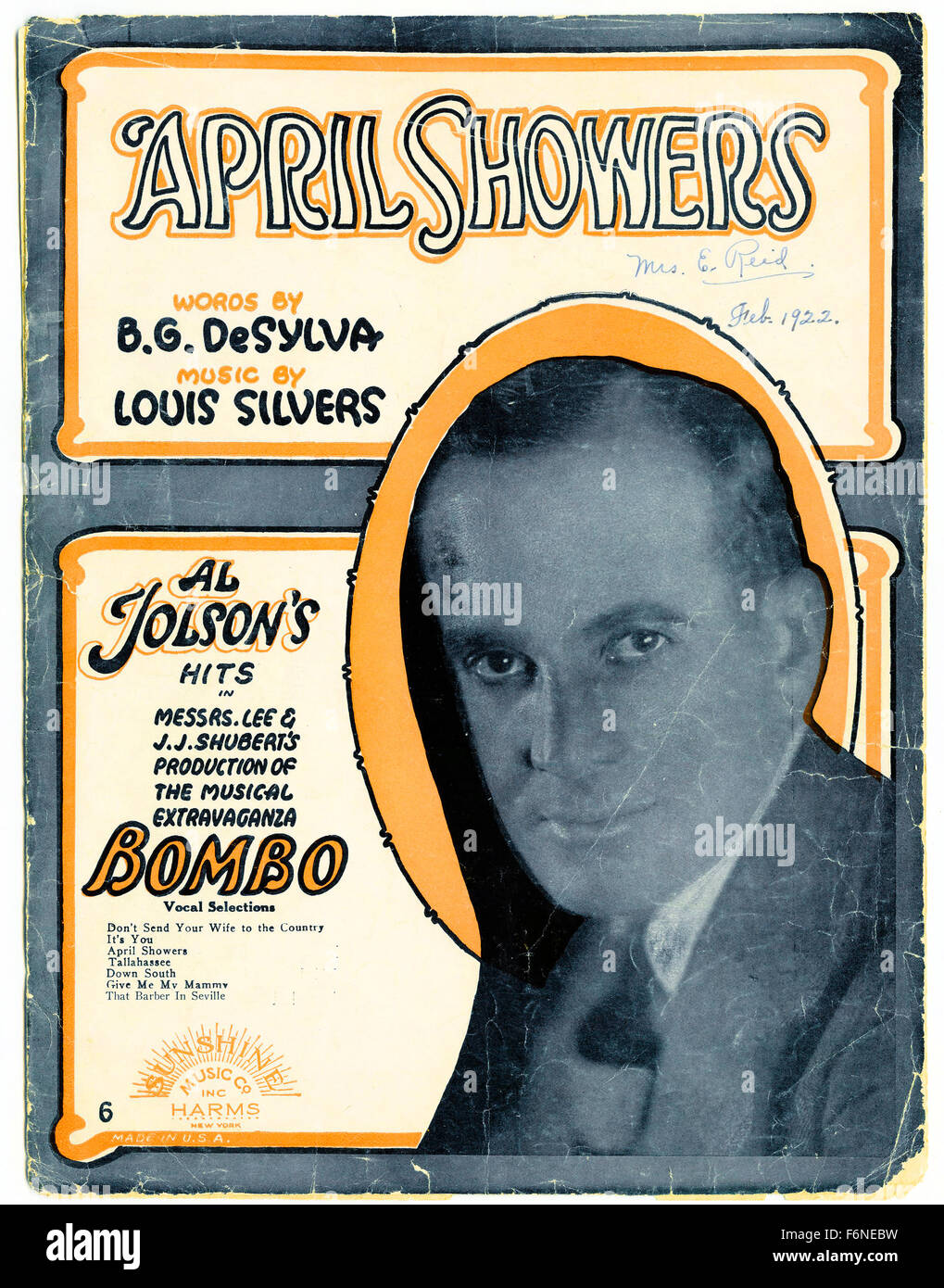 Les averses d'avril 1921, piano sheet music, effectuée par Al Jolson, mots, par B.G. DeSylva, musique de Louis Silvers Banque D'Images