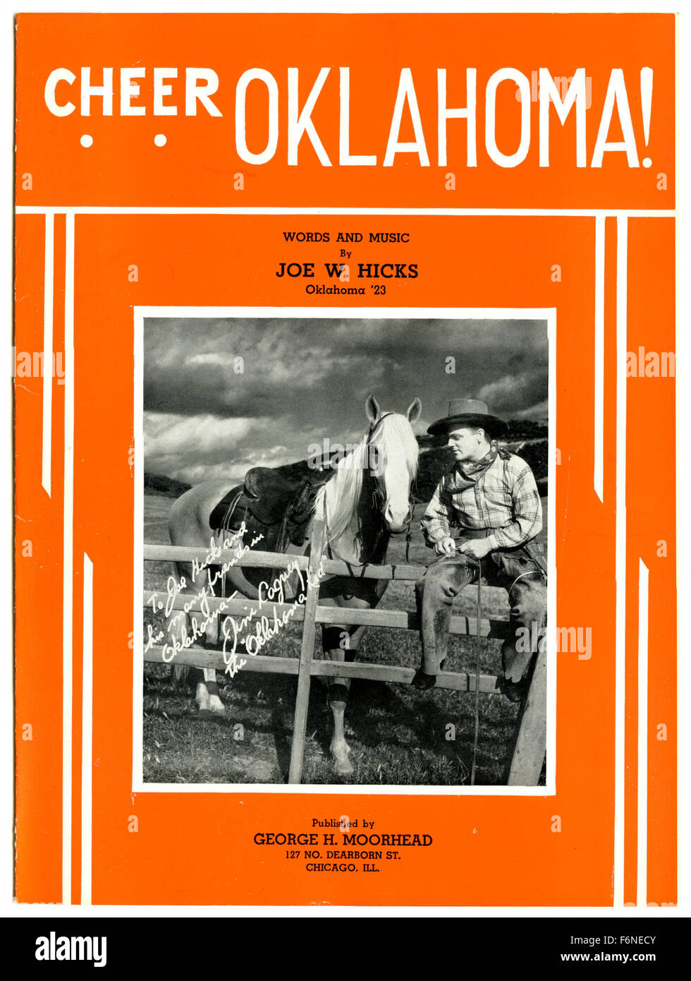 Partitions pour piano couverture de 'Cheer Oklahoma !' avec James Cagney. De rares chanson écrite en l'honneur de l'Université de l'Oklahoma. Banque D'Images