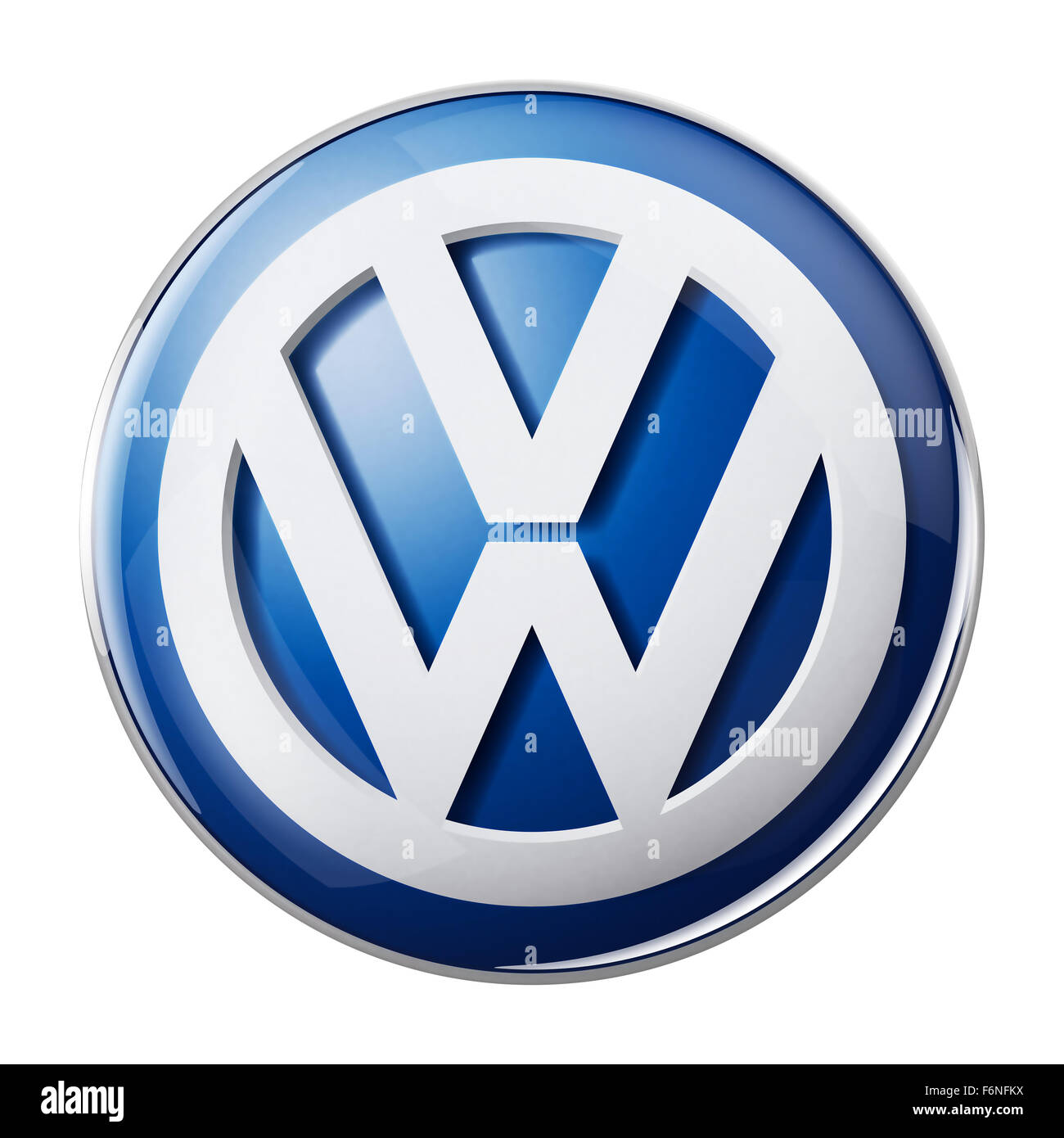 3D illustration de la logo de Volkswagen sur un bouton 3D sur fond blanc avec chemin de détourage. Banque D'Images