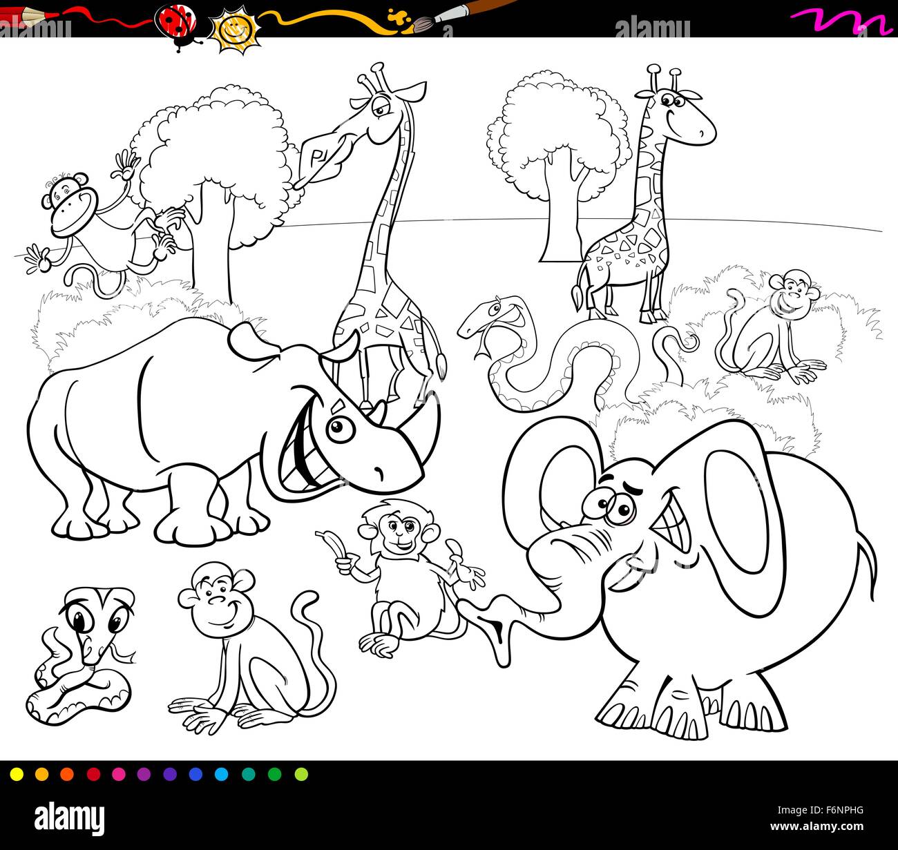 Cartoon noir et blanc Illustration de scène avec African Safari Animaux Personnages Groupe pour Coloring Book Illustration de Vecteur