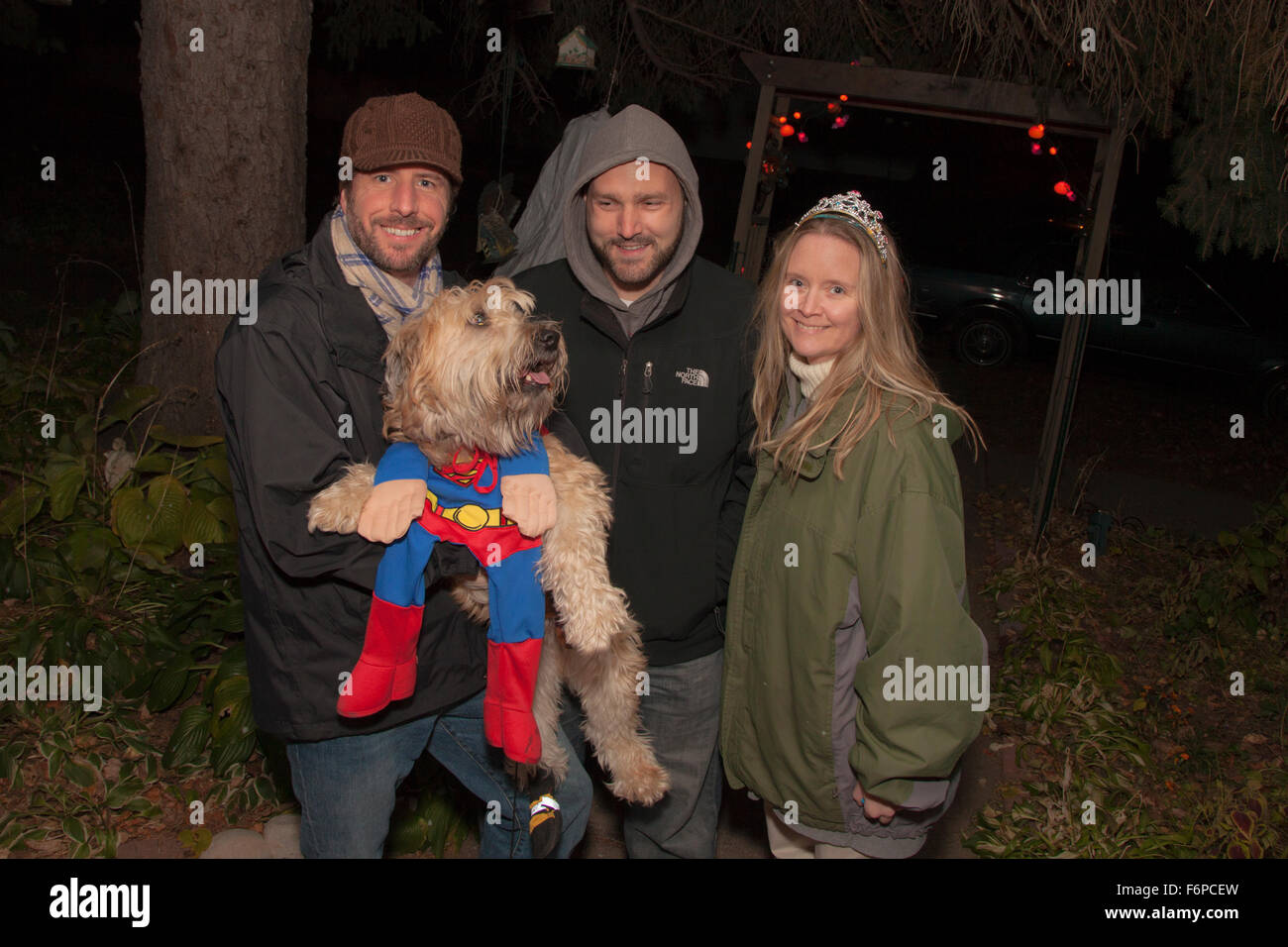 Groupe d'adultes portant leur chien autour pour l'Halloween trick or treats dans un costume de superman. St Paul Minnesota MN USA Banque D'Images