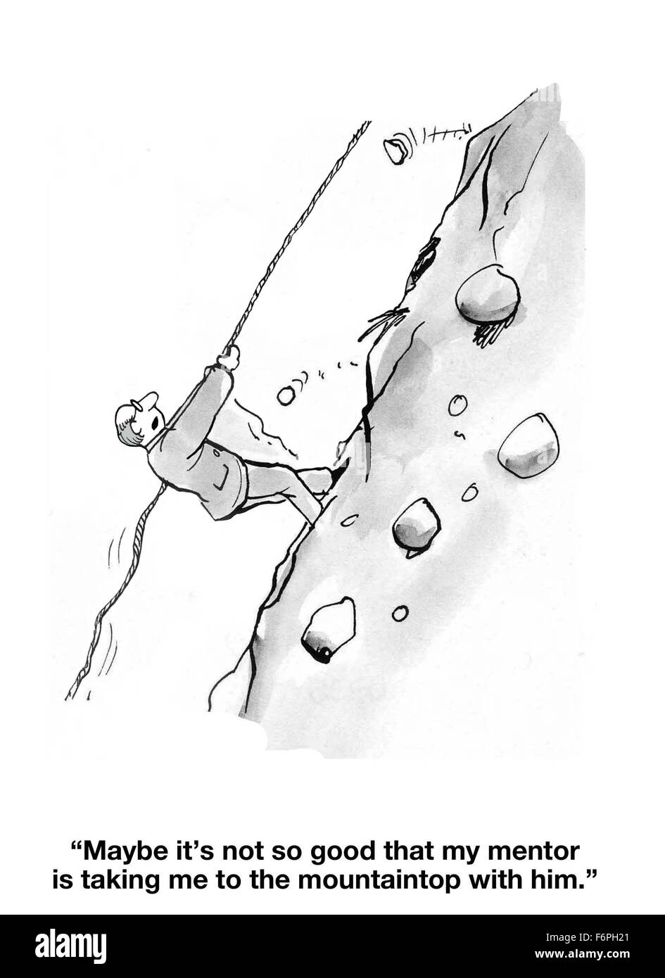 Caricature de l'homme d'affaires en difficulté, '... pas si bon que mon mentor m'emmène à la montagne avec lui'. Banque D'Images