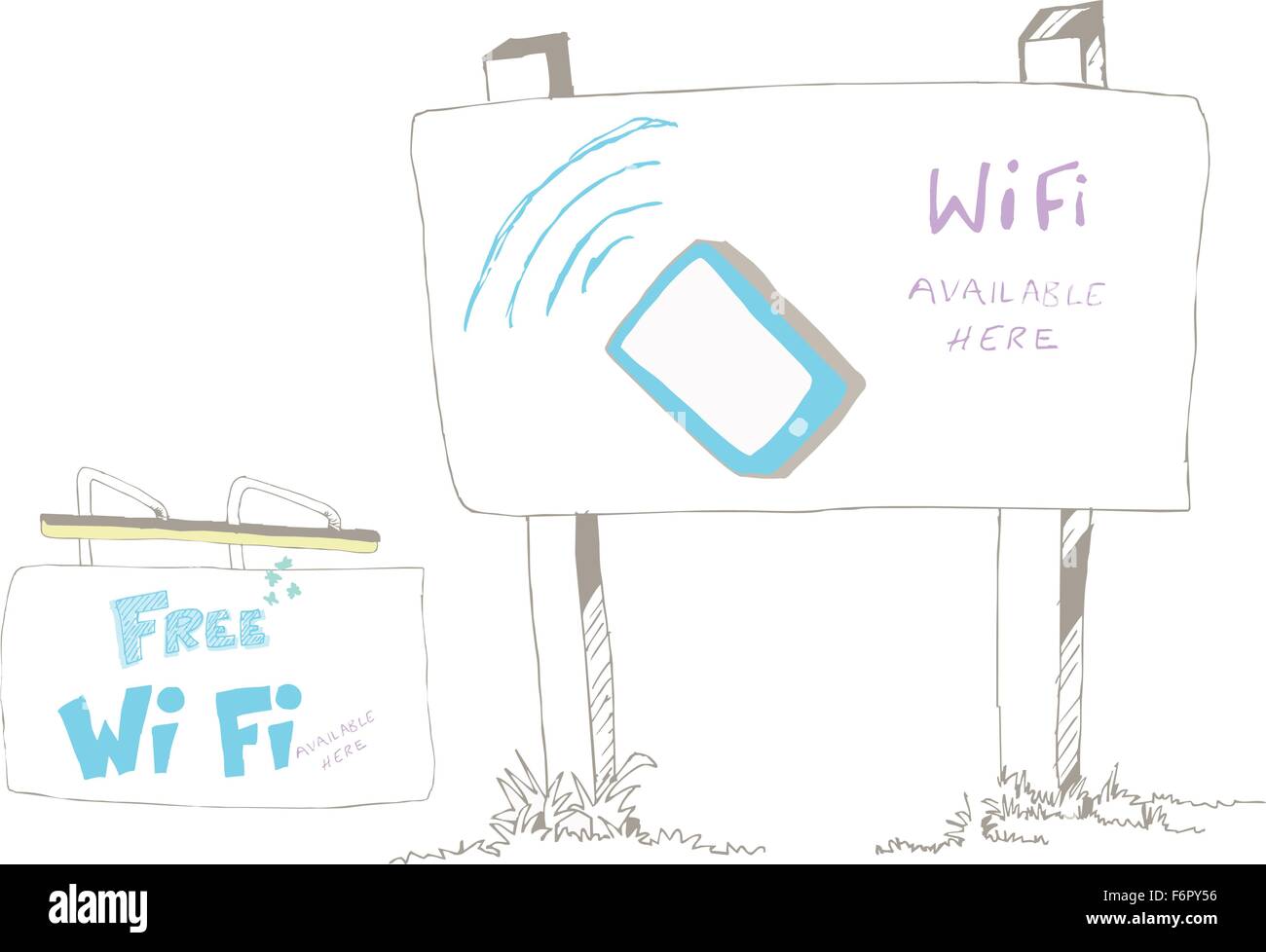 Sign post dans deux styles différents avec Wifi disponible croquis Illustration de Vecteur
