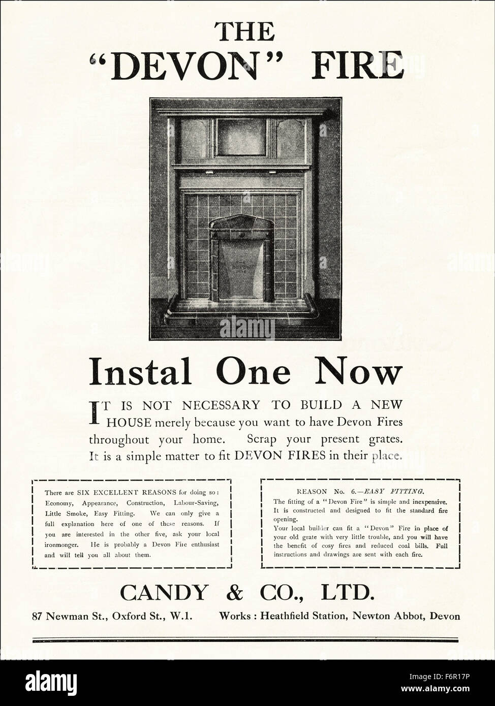 1920s'annonce. Annonce en date du 1923 La publicité par Candy Fire Devon & Co de Newton Abbot Banque D'Images