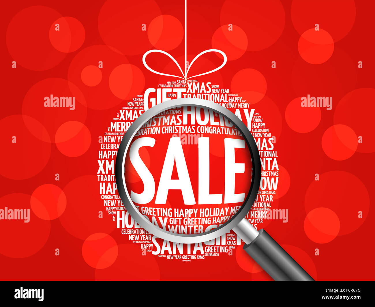 Vente boule de noël nuage de mots, lettrage collage avec loupe Photo