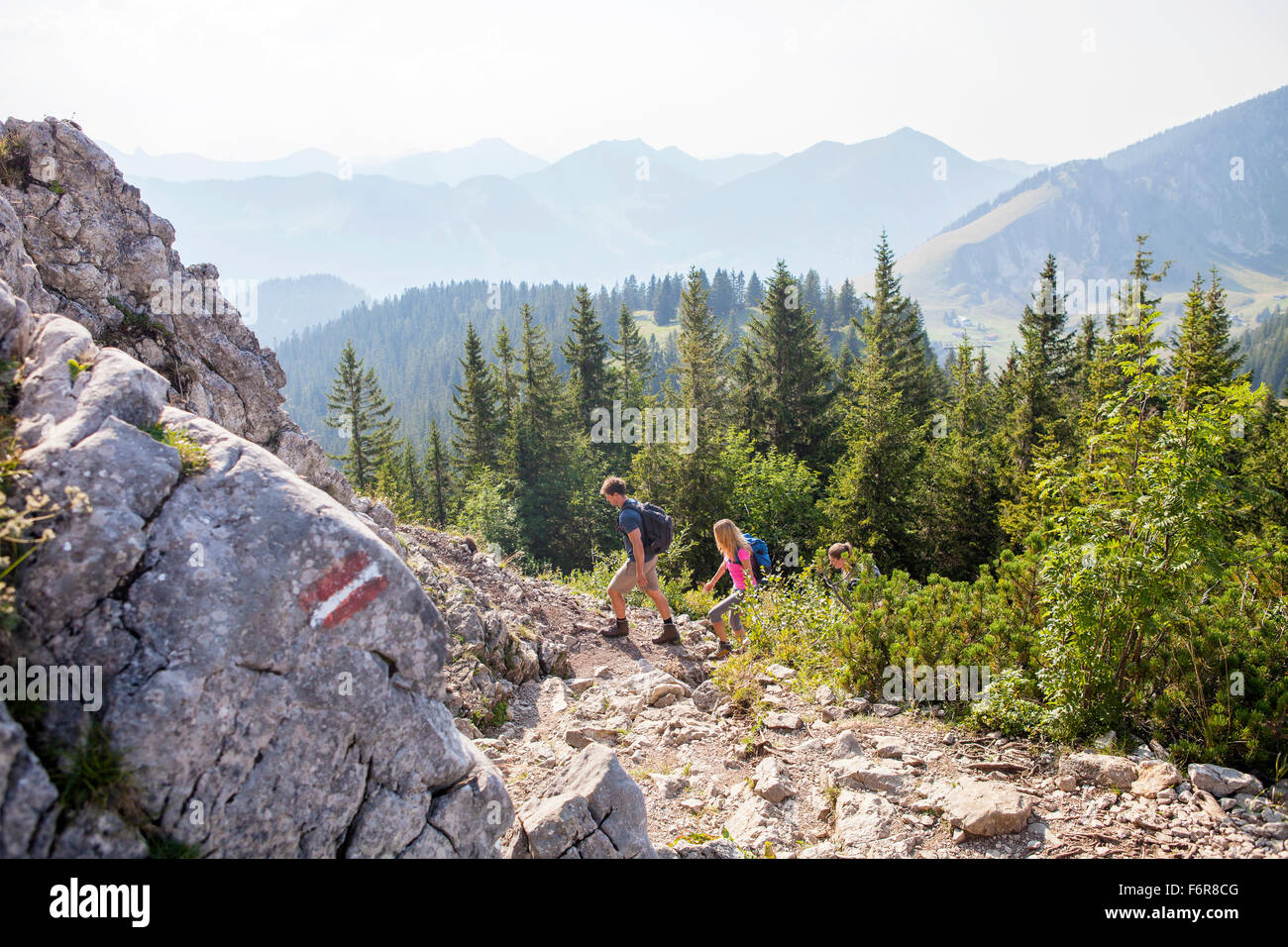Groupe d'amis randonnées dans paysage de montagnes Banque D'Images