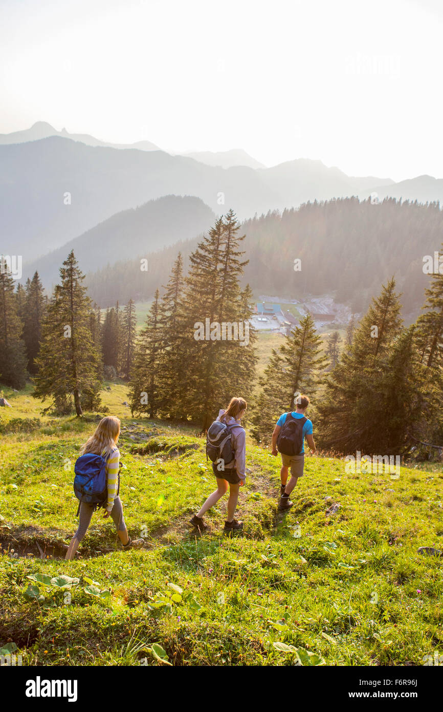 Groupe d'amis randonnées dans paysage de montagnes Banque D'Images