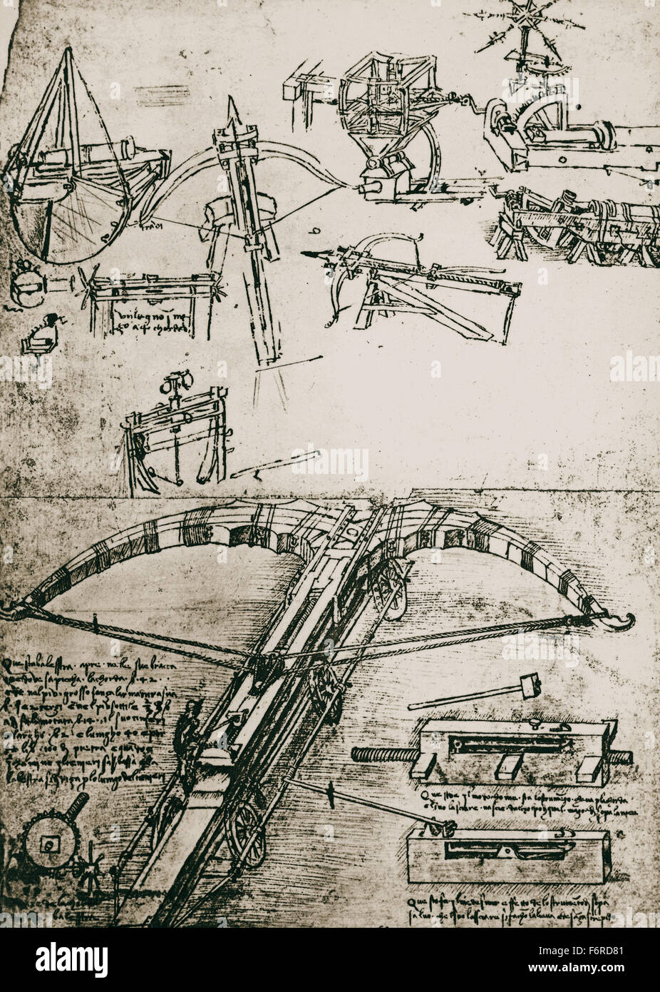 Leonardo da Vinci (1452-1519). Le Codex atlanticus. La conception originale de l'arbalète géante, c.1500. La gravure. Bibliothèque Ambrosiana, Milan, Italie. Banque D'Images
