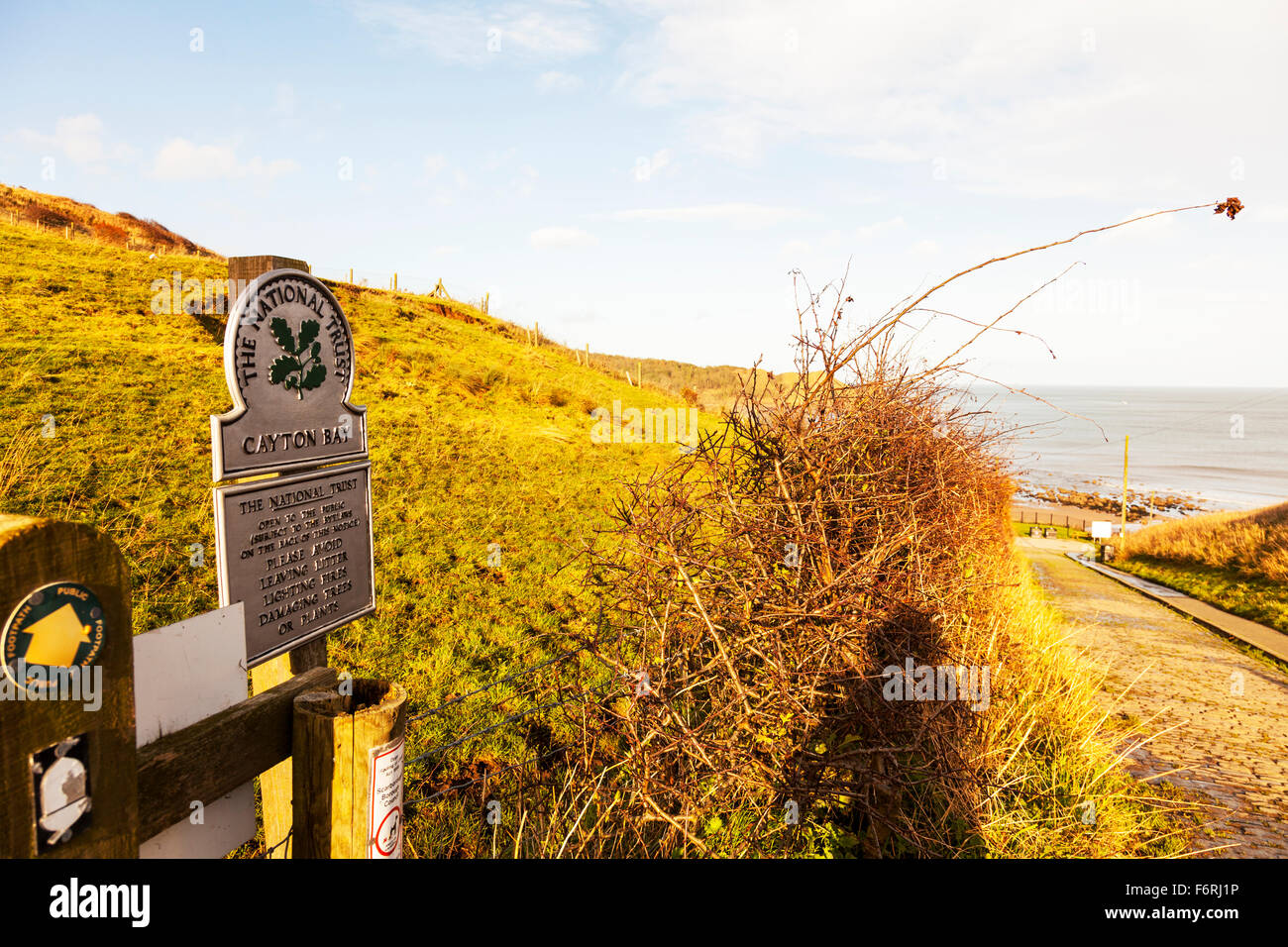Cayton Bay National Trust signer Yorkshire UK Angleterre mer site Banque D'Images