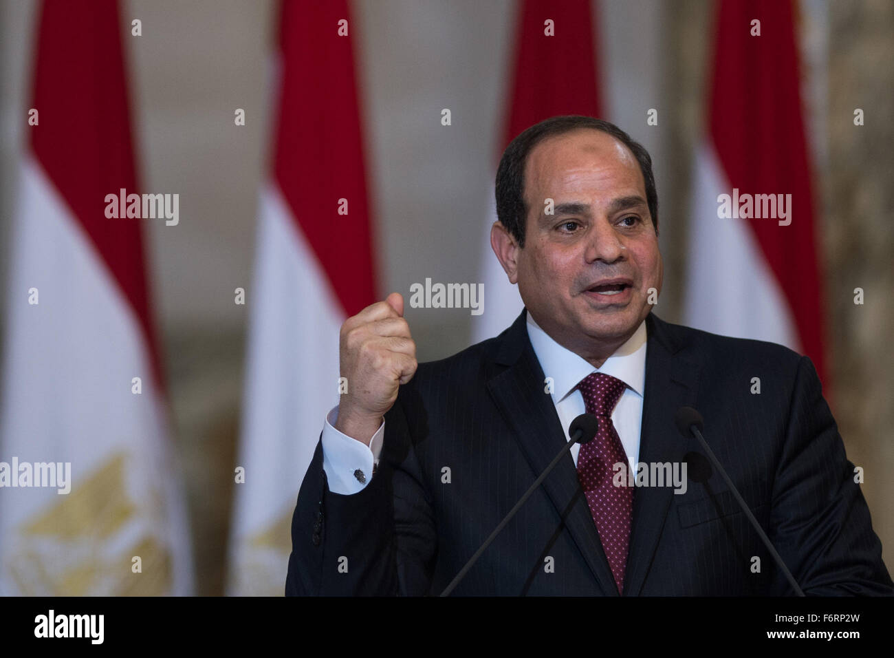 Le Caire, Égypte. 19 Nov, 2015. Le président égyptien, Abdel Fattah al-Sisi parle après la cérémonie de signature qui a eu lieu dans le palais présidentiel au Caire, Égypte, le 19 novembre 2015. L'Egypte et la Russie ont signé jeudi un accord pour construire une centrale nucléaire dans les pays arabes peu après un avion s'est écrasé sur l'Egypte Sinai dans la région agitée. © Chaoyue Pan/Xinhua/Alamy Live News Banque D'Images