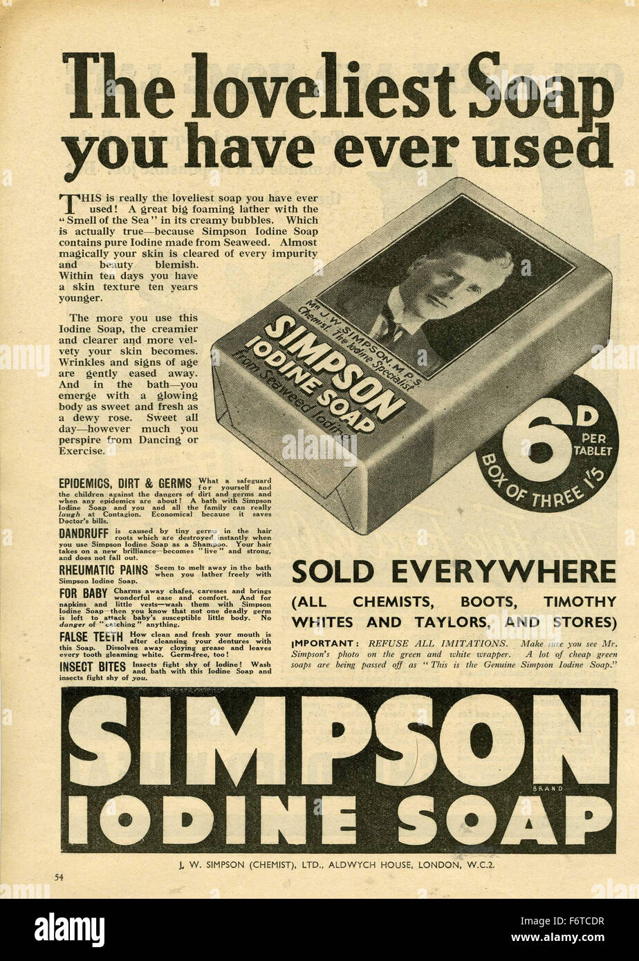 Iode Simpson Vintage 1938 Savon Annonce Photo Stock - Alamy