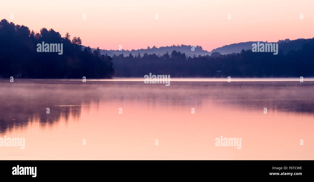 L'Aube Glow avec brouillard sur le lac Barnes. La lueur rose avant le lever du soleil avec la brume s'élevant de la surface d'un lac bordé d'arbres Banque D'Images