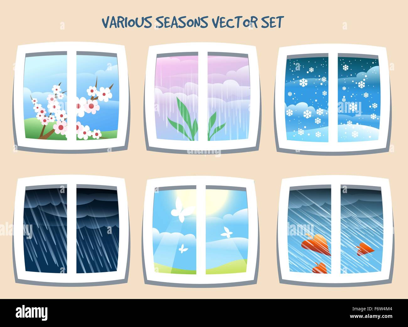 Divers phénomènes météorologiques ou saison set dessiné dans un style cartoon.vue depuis la fenêtre. Illustration de Vecteur