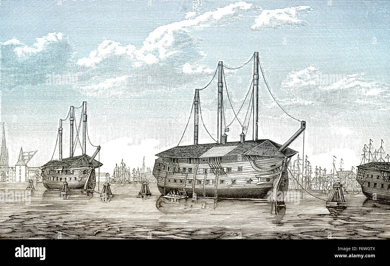 Les navires-pénitentiaire danois Dronning Maria et Waldemar à Copenhague, au Danemark, la première guerre du Schleswig, 1848 à 1851, Banque D'Images