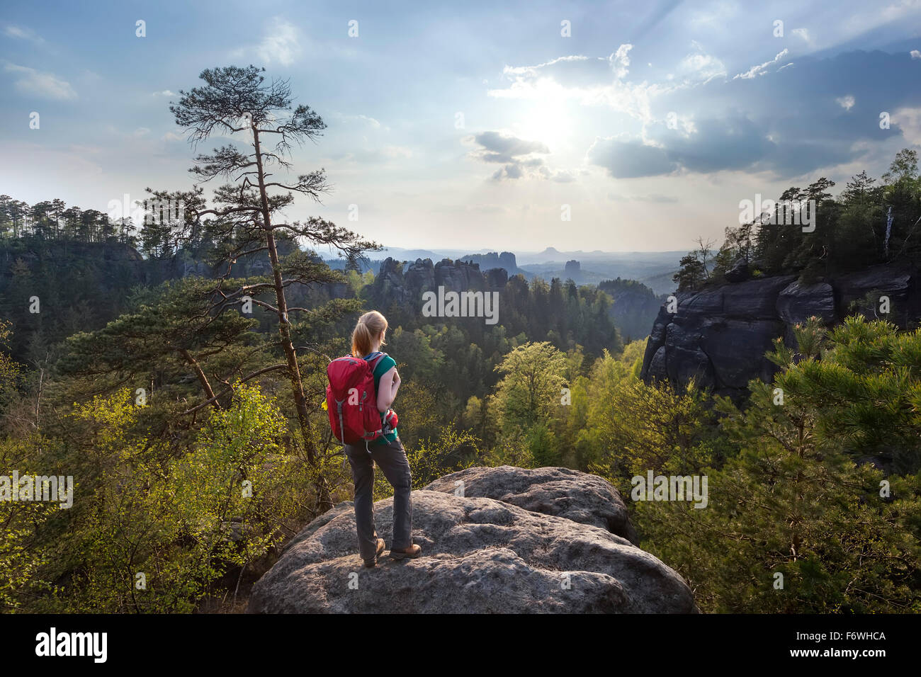 Young woman looking at view, le Parc National de la Suisse Saxonne, Saxe, Allemagne Banque D'Images