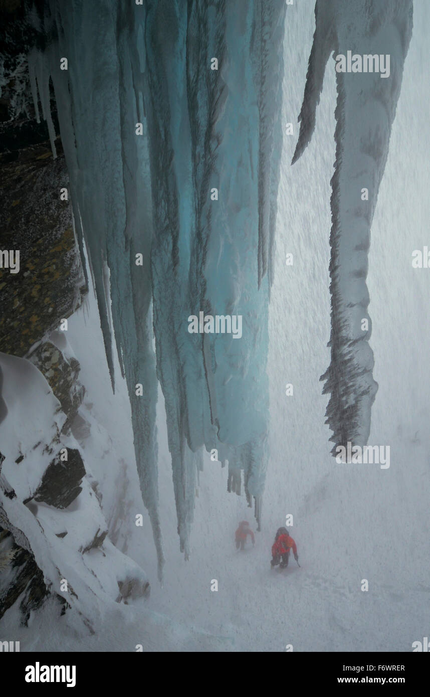 Iceformations au-dessus de grimpeurs, Easy Gully, Creag Meagaidh, Highlands, Ecosse, Grande-Bretagne Banque D'Images