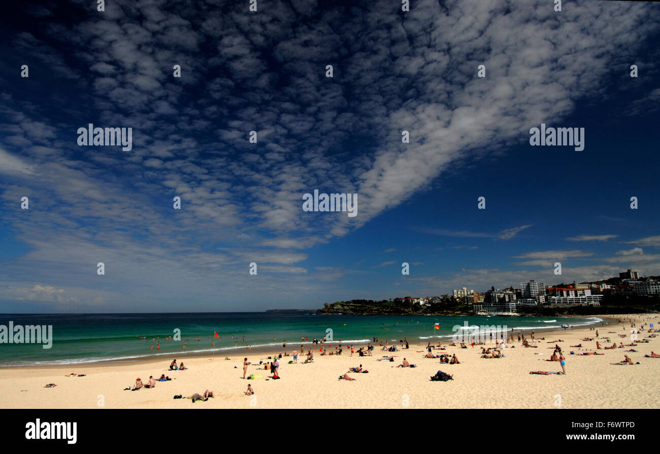 Bondi Beach en Nouvelle-Galles du Sud, Australie avec beaucoup de monde, ciel bleu et bâtiments. Banque D'Images