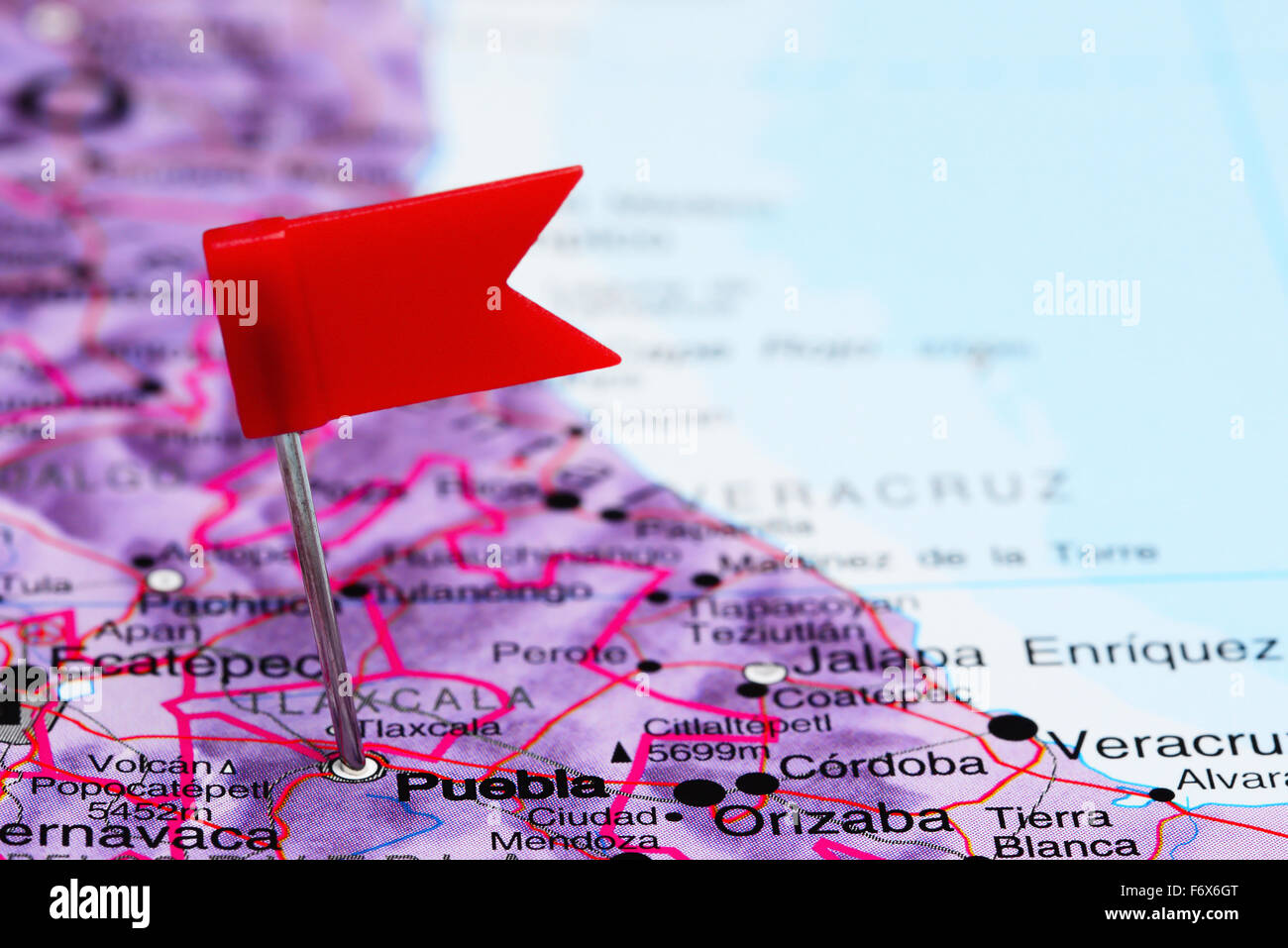 Puebla épinglée sur une carte du Mexique Banque D'Images