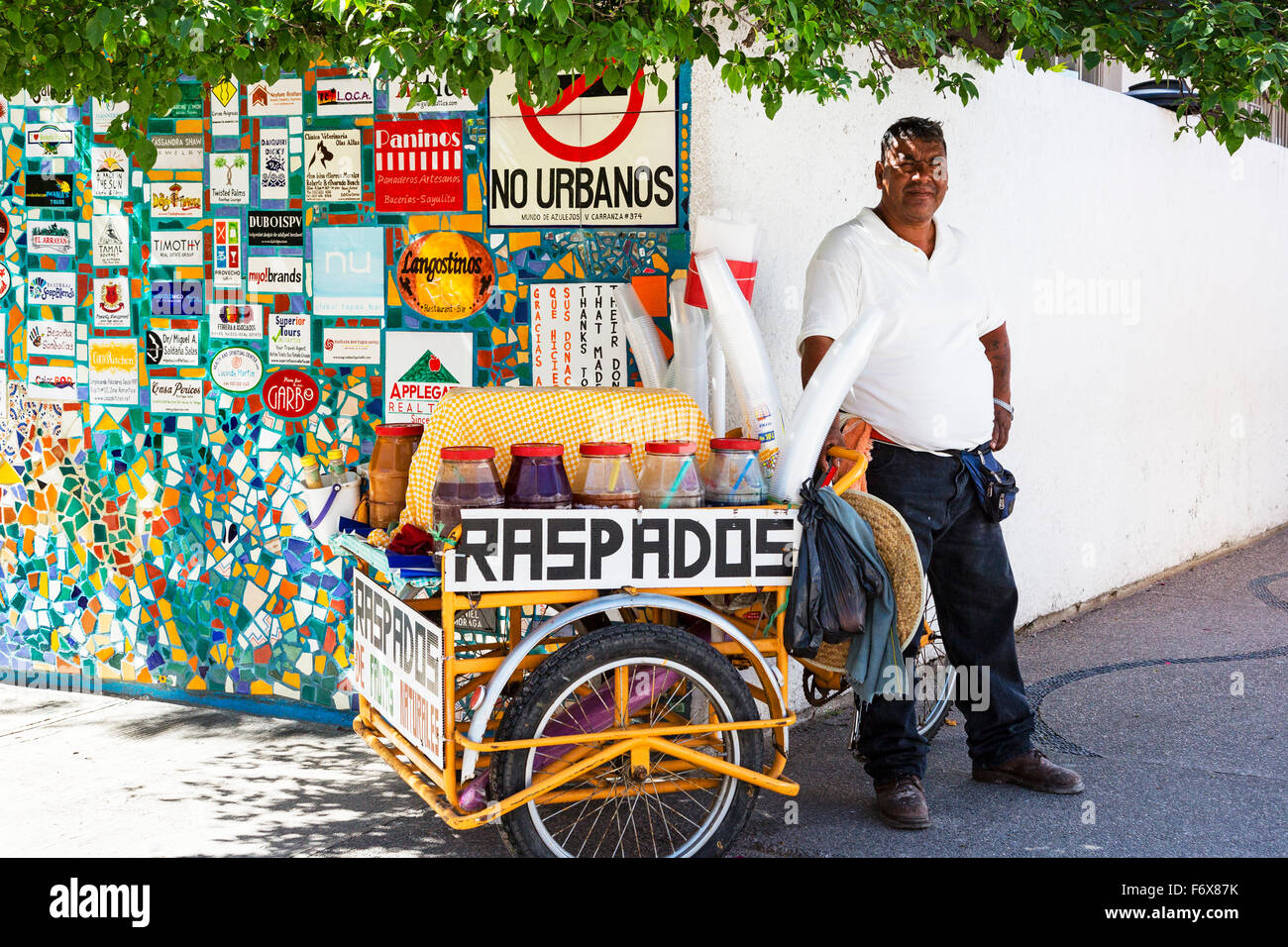 Vente de boissons aux fruits frais Barrow au coin d'une rue dans la Zona Romantica, Puerto Vallarta, Mexique Banque D'Images