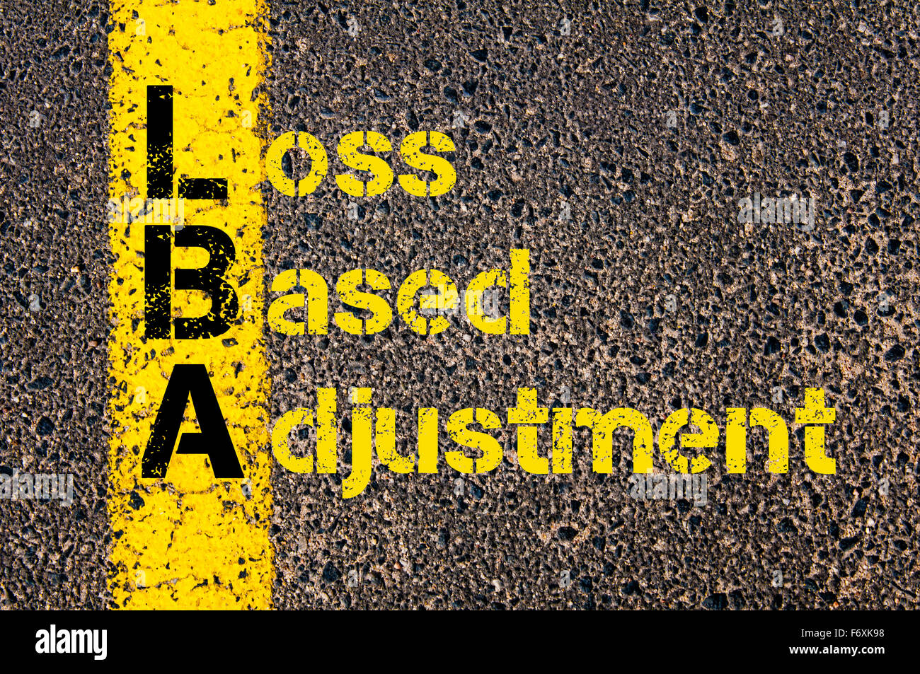 Concept image Acronyme LBA que la perte d'ajustement en fonction de marquage routier écrit plus de ligne de peinture jaune. Banque D'Images