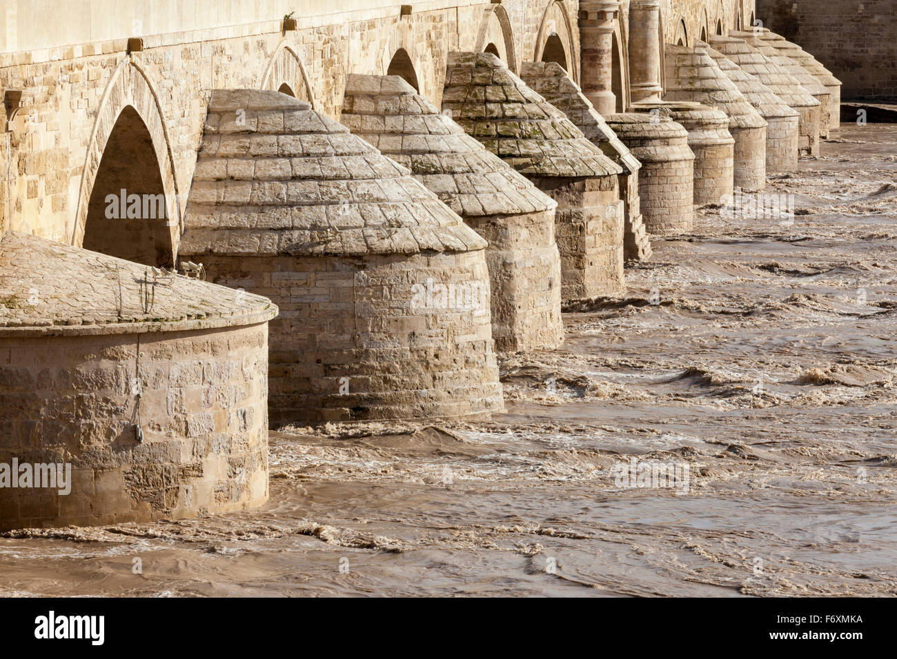 Le fort courant de la rivière Guadalquivir de tempête sous les voûtes en pierre du pont romain de Cordoue, Espagne Banque D'Images