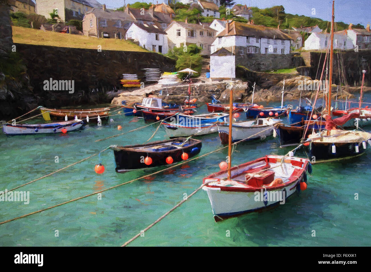 Port de Coverack Cornwall England UK Bateaux et mer bleu turquoise la Péninsule du Lézard illustration comme la peinture à l'huile Banque D'Images