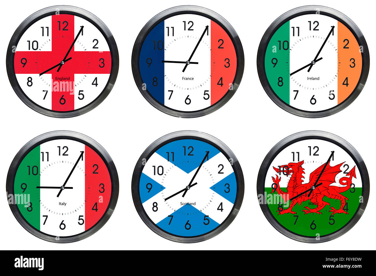 Rugby 6 nations horloges de mur de drapeau sur chaque réveil et montrant le premier match temps Banque D'Images