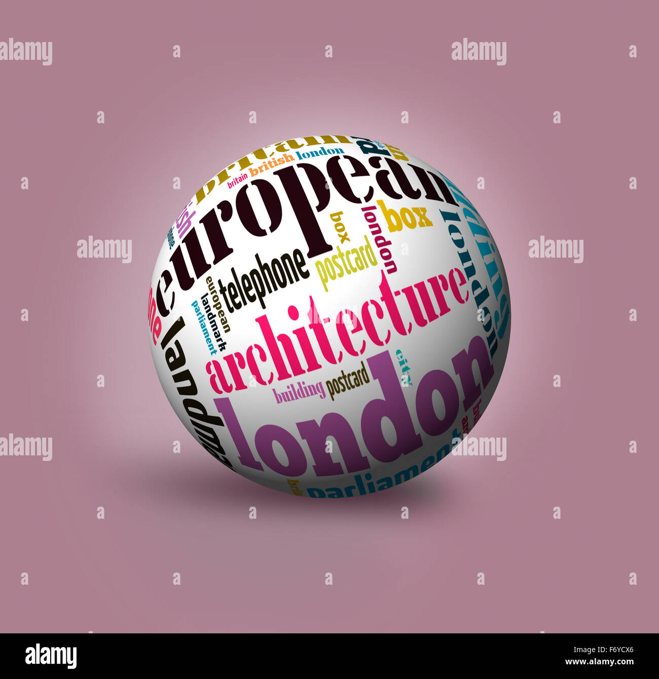 Nuage de mots dans un globe 3D sur les symboles de Londres Banque D'Images