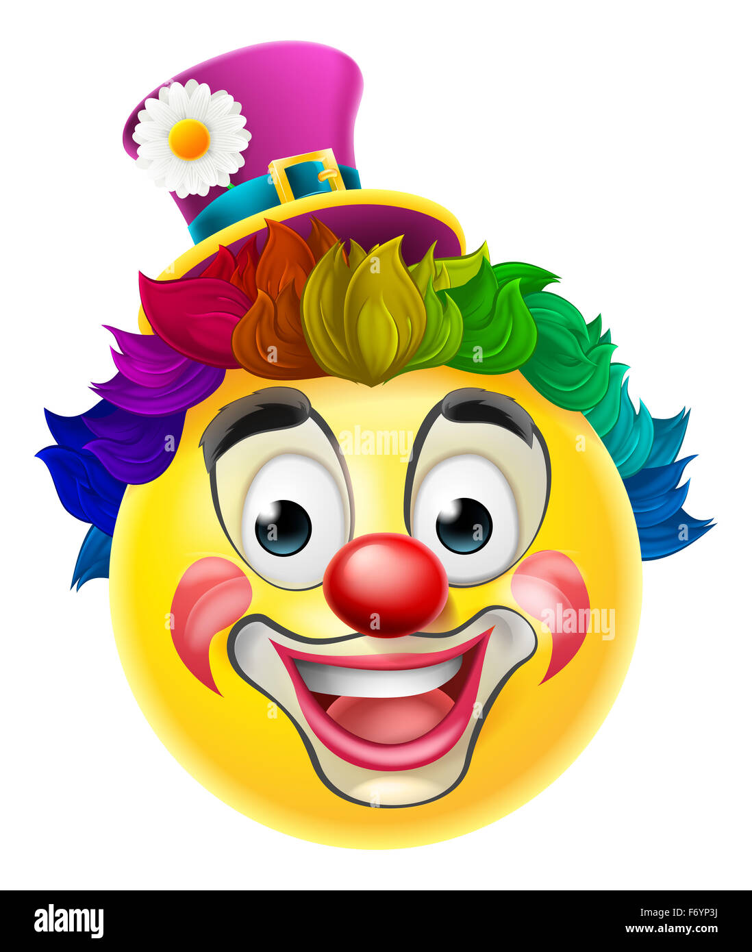 Un clown smiley emoticon emoji cartoon personnage avec un nez rouge, perruque arc-en-ciel, et la peinture pour le visage Maquillage Banque D'Images