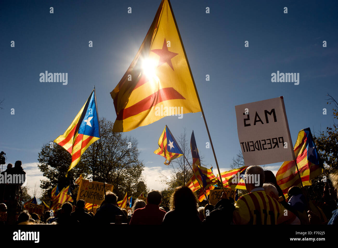 Les gens vague estelada flags (symbole de l'indépendance catalane) au Parc de la Ciutadella de Barcelone, Espagne. Banque D'Images
