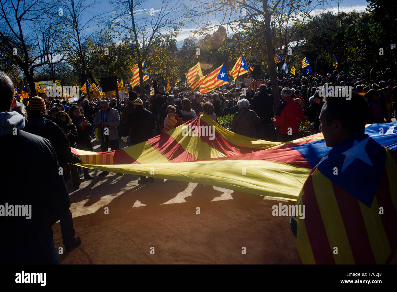 Les gens vague estelada flags (symbole de l'indépendance catalane) au Parc de la Ciutadella de Barcelone, Espagne. Banque D'Images