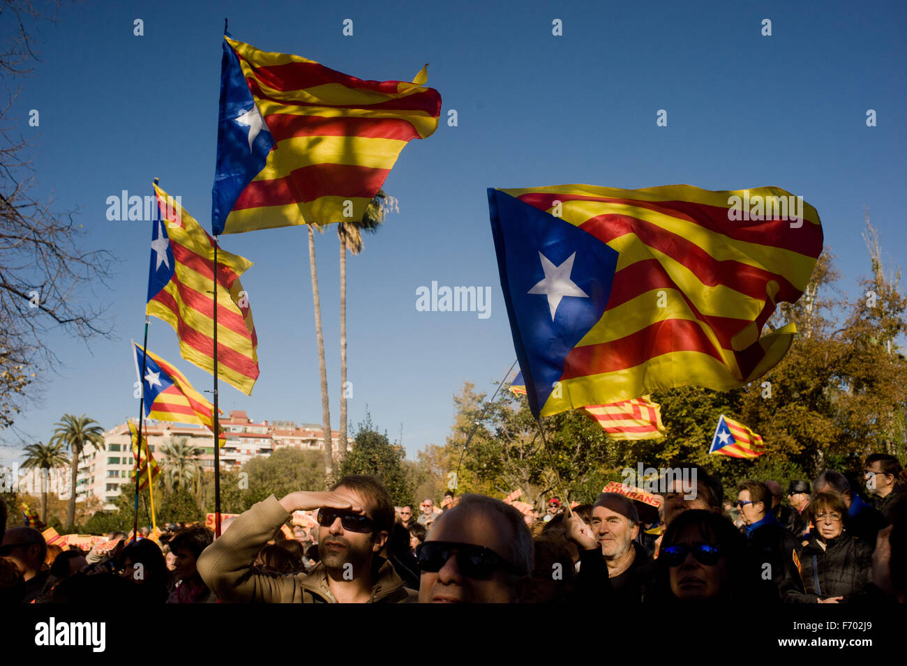 Les gens vague estelada flags (symbole de l'indépendance catalane) au Parc de la Ciutadella de Barcelone. Banque D'Images