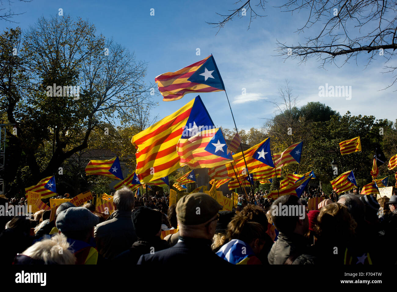 Barcelone, Espagne. 22 Nov, 2015. En ce dimanche ensoleillé personnes vague estelada flags (symbole de l'indépendance catalane) au Parc de la Ciutadella de Barcelone, Espagne, le 22 novembre, 2015. Plus de trois mille personnes se sont rassemblées dans le Parc de la Ciutadella à Barcelone exigeant un accord entre les deux partis indépendantistes dans le Parlement Catalan (Pel Junts tr et cuvette). L'impossibilité d'élire un président pour le Parlement Catalan a bloqué le processus d'indépendance. Crédit : Jordi Boixareu/Alamy Live News Banque D'Images