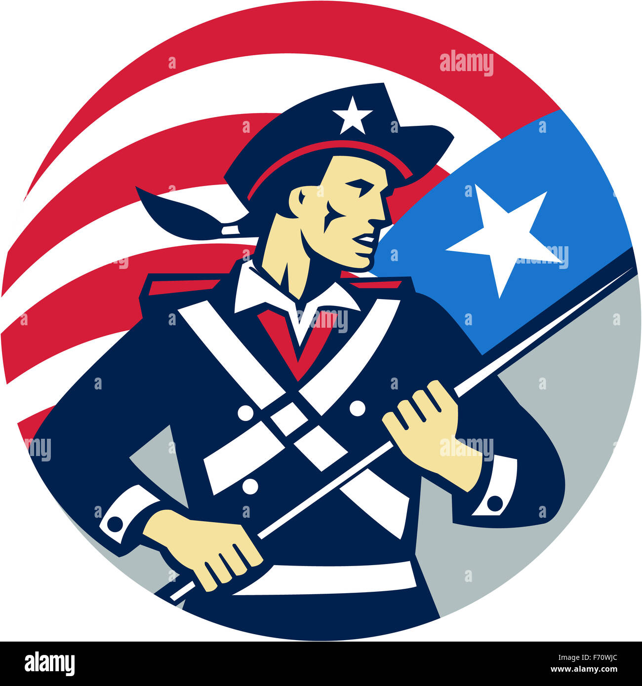 Illustration d'un patriote américain brandissant holding american usa flag à la recherche à l'ensemble du côté intérieur du cercle fait en style rétro. Banque D'Images