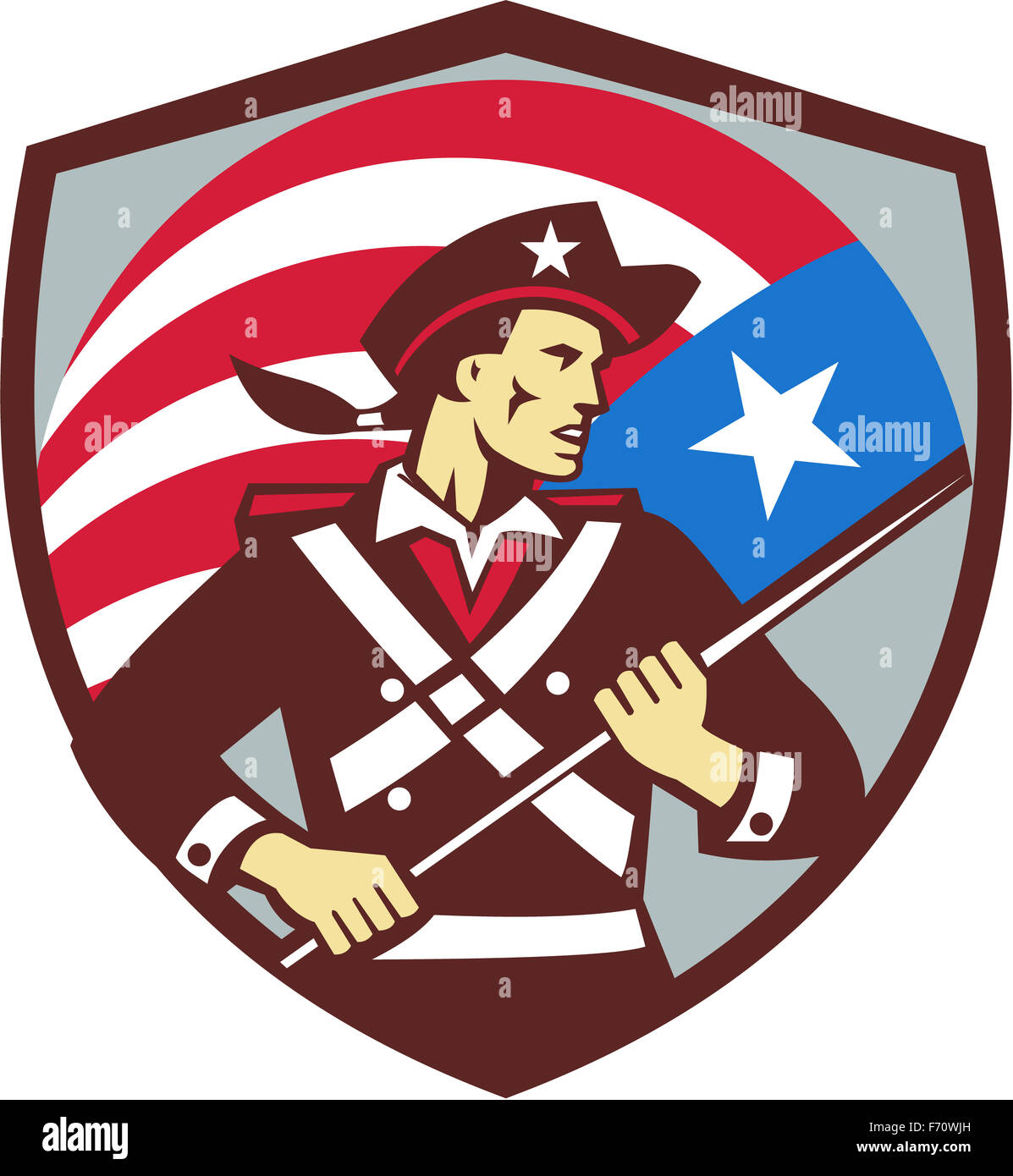 Illustration d'un patriote américain brandissant holding american usa flag à côté de l'écran à l'intérieur set crest fait en style rétro. Banque D'Images