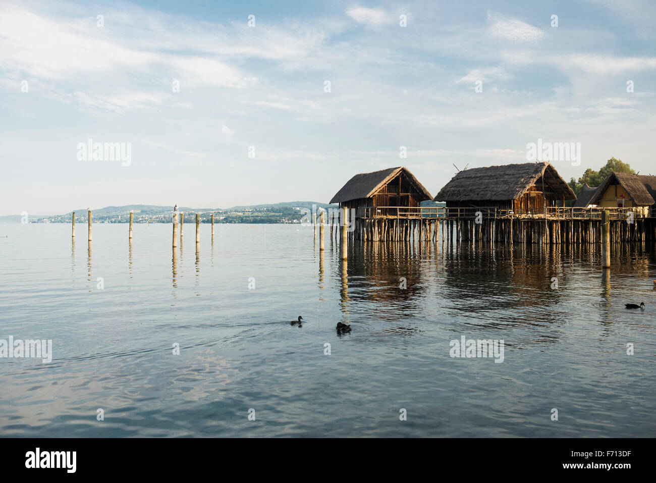 Des maisons sur pilotis, habitation Unteruhldingen pile-museum, Site du patrimoine mondial de l'UNESCO, le lac de Constance, Bade-Wurtemberg, Allemagne Banque D'Images