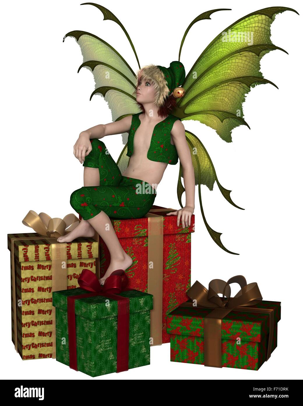 Elf Fairy Noël garçon assis sur une pile de cadeaux Banque D'Images