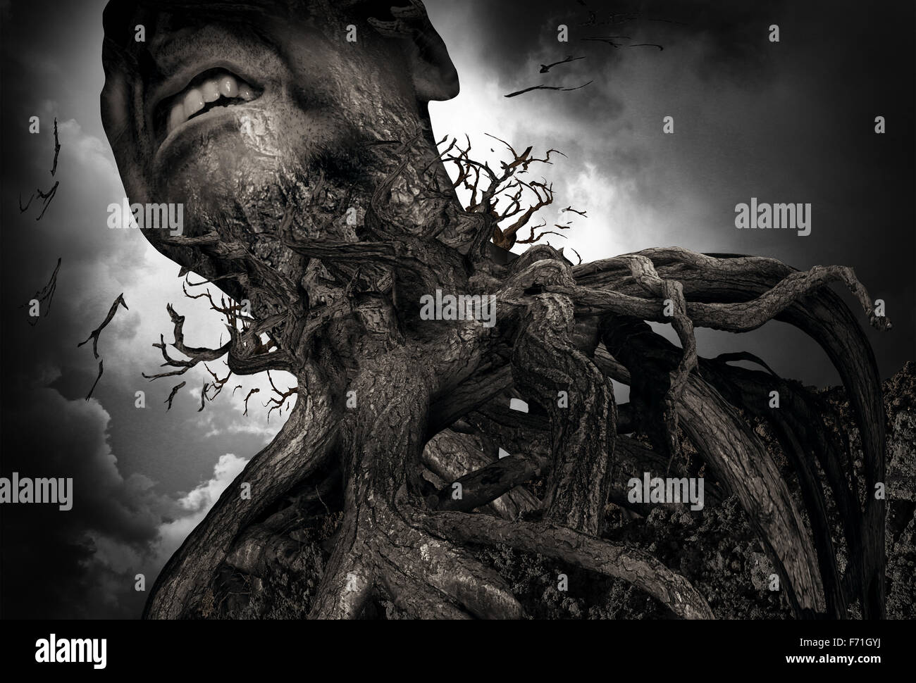 La souffrance et la douleur comme un arbre et racines en forme de l'expérience humaine et de la torture intense agonie mentale comme une métaphore de la psychologie pour la misère ou piégés par la dépendance. Banque D'Images