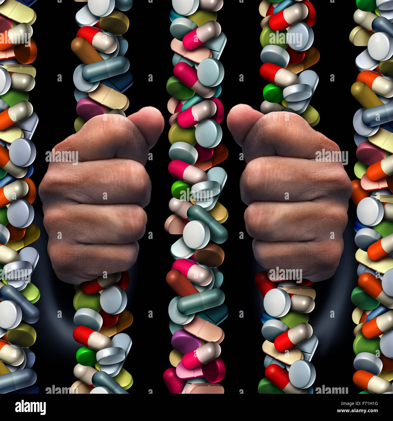 Concept médical de penchant de drogue de prescription comme un groupe de médecine de capsules et comprimés antidouleur en forme de prison ou prison bars comme un symbole de la santé avec un médicament toxicomane emprisonnée à l'intérieur. Banque D'Images
