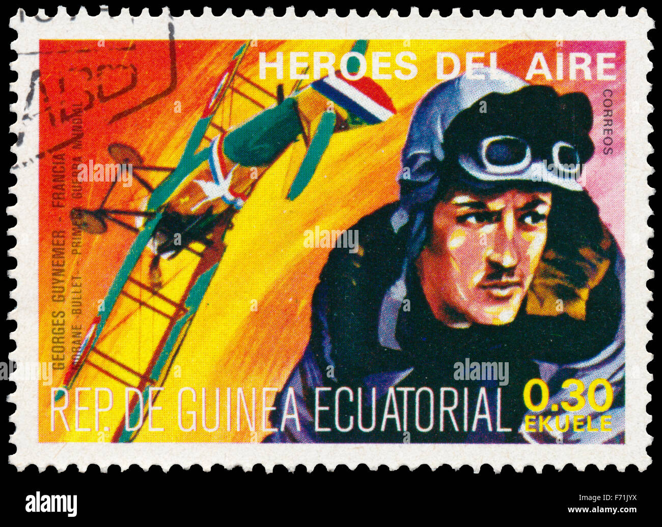 Guinée Équatoriale - circa 1977 : timbre imprimé en Guinée équatoriale montre pilote français, Georges Guynemer Banque D'Images