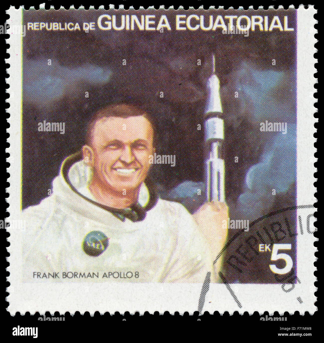 Guinée Équatoriale - circa 1978 : timbre imprimé par la Guinée équatoriale montre Frank Borman astronaute américain, vers 1978 Banque D'Images