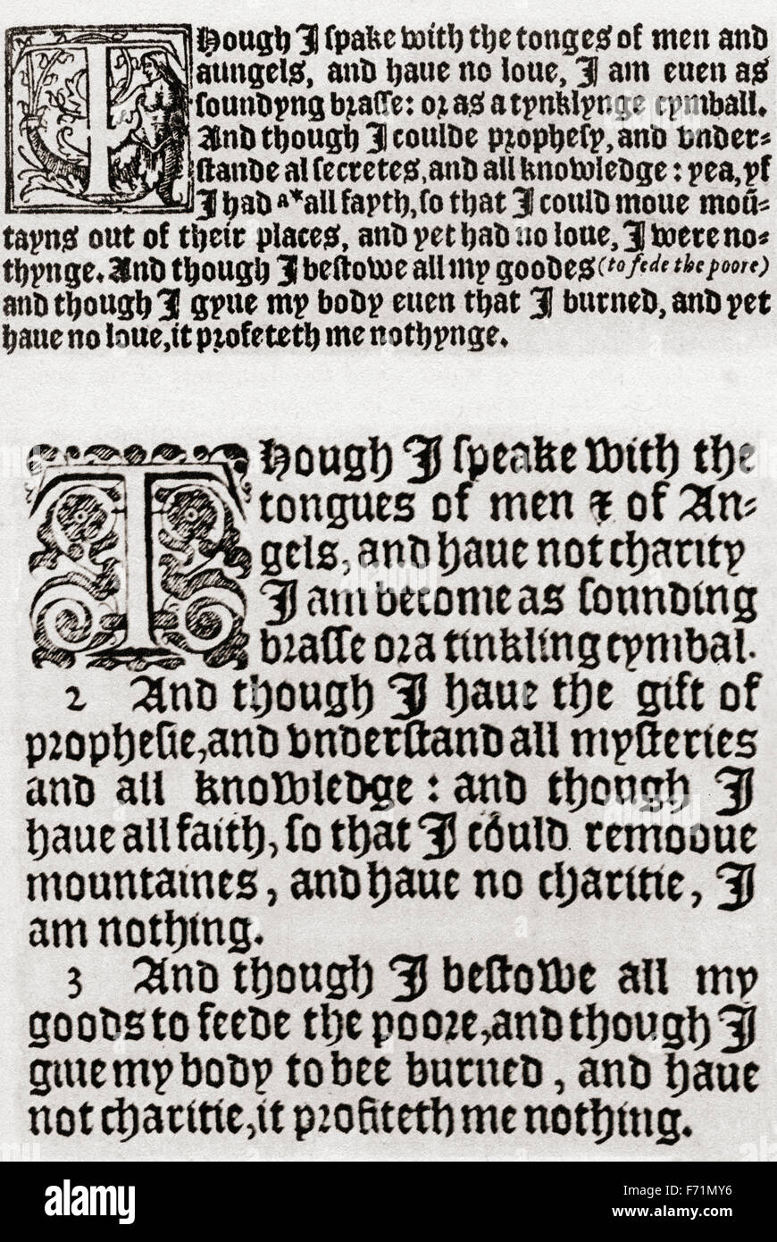 Une comparaison entre la Bible de Tynedale, 1528 : I Corinthiens, chapitre 13, 1-3, (en haut) et autorisés Version King James, 1611 : I Corinthiens, chapitre 13, 1-3, (en bas). Banque D'Images