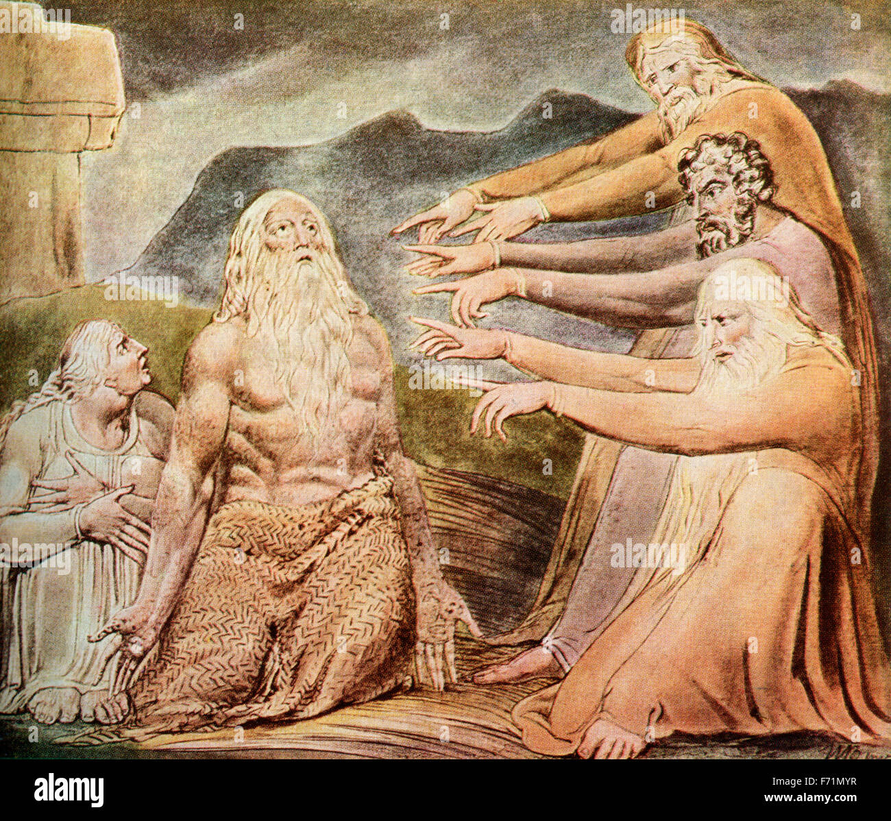 L'homme est debout juste pour rire de mépris. Illustration pour le livre de Job, après la peinture de William Blake. Banque D'Images