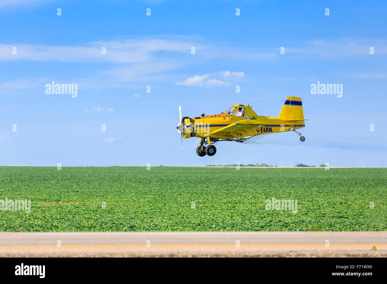 La pulvérisation aérienne des récoltes duster farm field, près de Regina, Saskatchewan, Canada. Banque D'Images